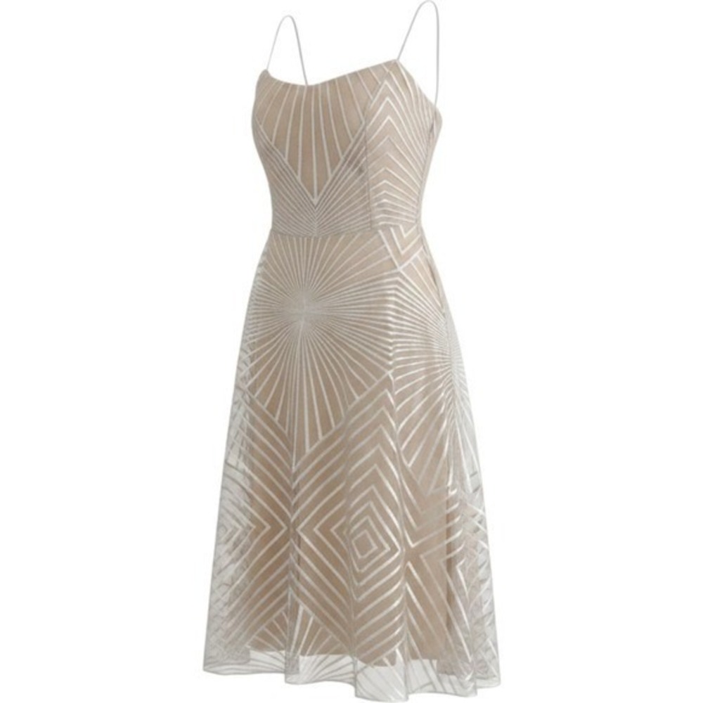 Geometric Sunburst Embroidered Midi Dress Champagne White Spaghetti Strap V-Back
